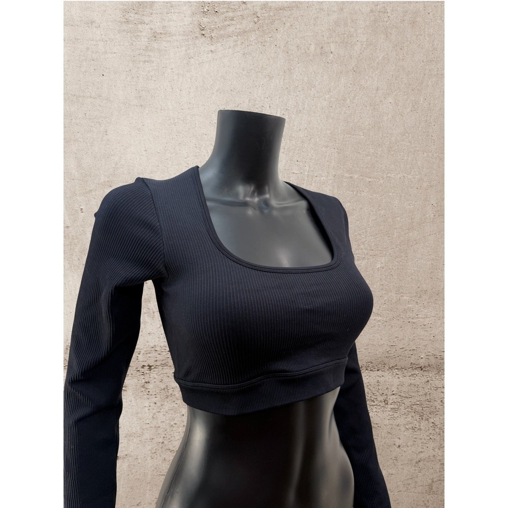 Ribbed Open Back Long Sleeve Crop Top Black Athletic‎ Yoga Gym Top Women L